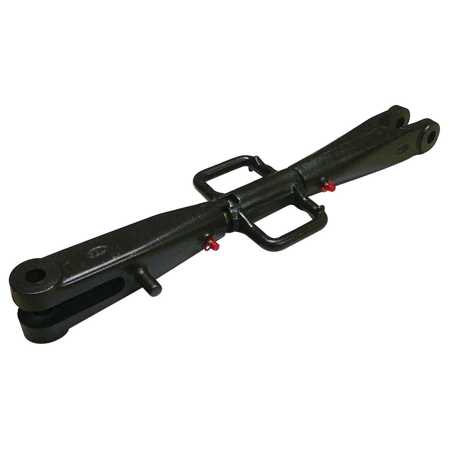 The Levelling Box Assembly from Sparex, with a minimum length of 665mm and M27x3 metric threads for secure attachment, features a black metal construction. It includes a center ring hitch and two mounting ends for connecting and pulling agricultural machinery. This versatile component is compatible with various models, including those from Sparex and Deutz-Fahr. Sparex Part No.: S.58658.