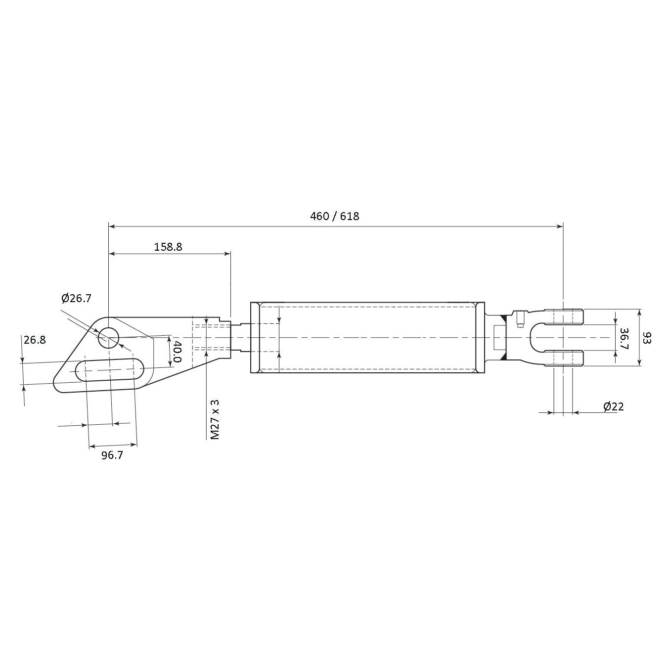 Technical drawing of the Levelling Box Assembly - Fork Hole Ø 22mm- Fork Hole Ø 27 & 27x97mm - Min. Length:457mm - M27x3 Metric from Sparex, featuring dimensions including lengths, diameters, and thread sizes with measurement units in millimeters. Ideal for Case IH machinery, the diagram includes details on end fittings for precise engineering.