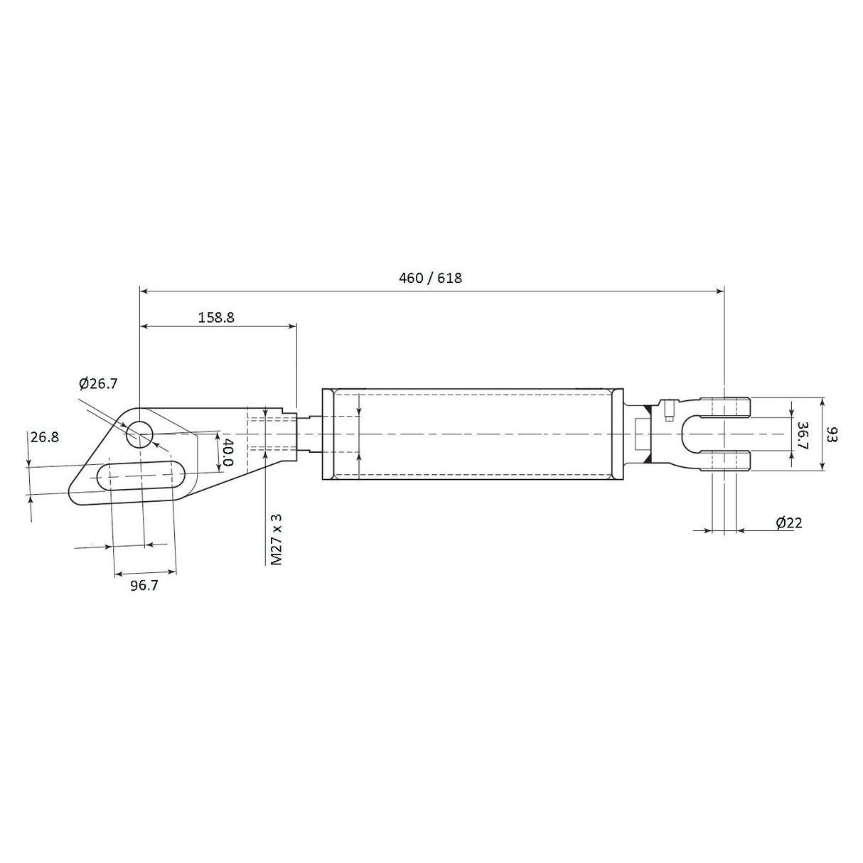 Technical drawing of the Levelling Box Assembly - Fork Hole Ø 22mm- Fork Hole Ø 27 & 27x97mm - Min. Length:457mm - M27x3 Metric from Sparex, featuring dimensions including lengths, diameters, and thread sizes with measurement units in millimeters. Ideal for Case IH machinery, the diagram includes details on end fittings for precise engineering.