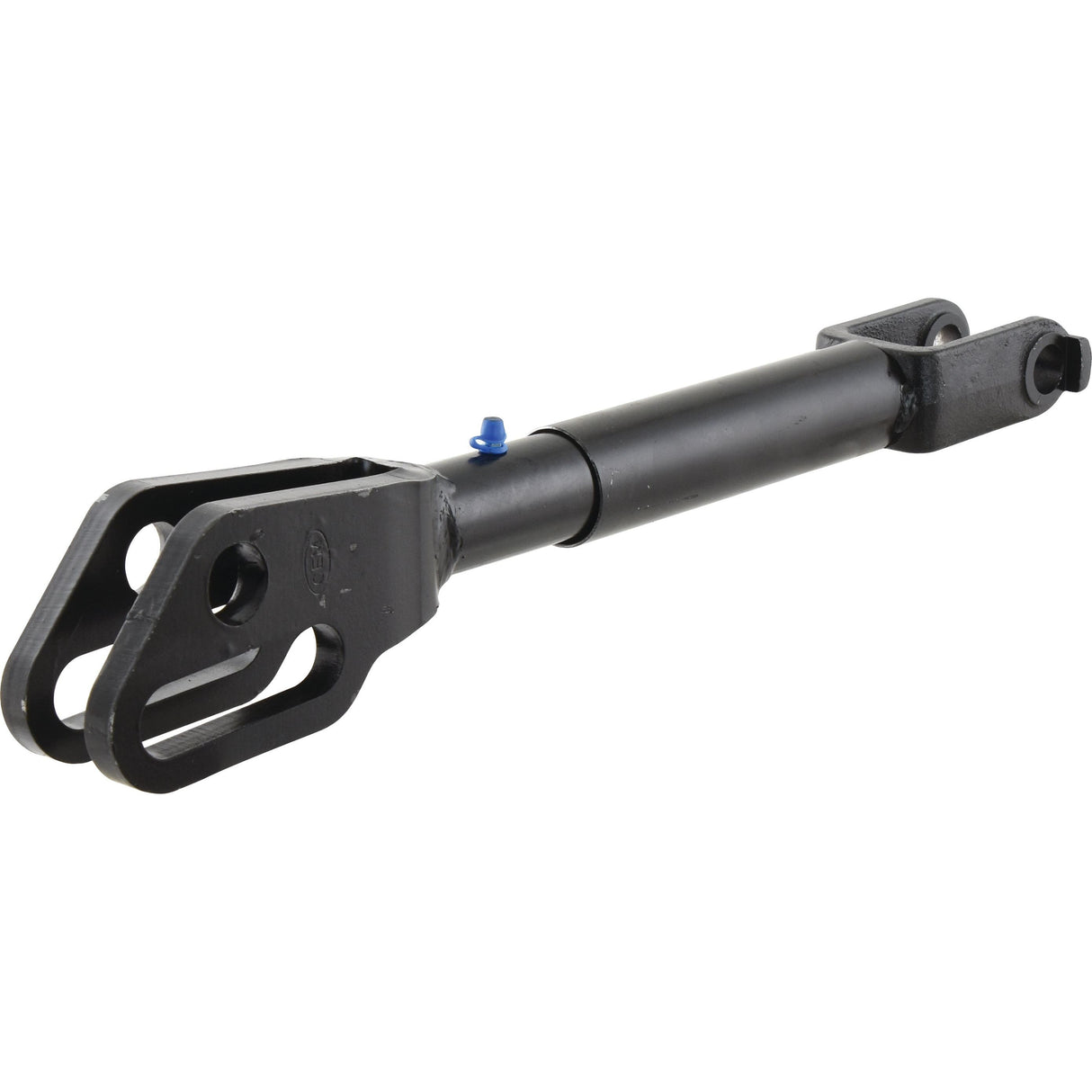An adjustable black Levelling Box Assembly by Sparex, featuring a blue fitting, two slotted holes (Ø 27 & 27x97mm), and a cylindrical rod. It's compatible with Case IH, with fork hole diameters of Ø 22mm and M27x3 Metric dimensions, and has a minimum length of 457mm (Sparex Part No. S.68194).