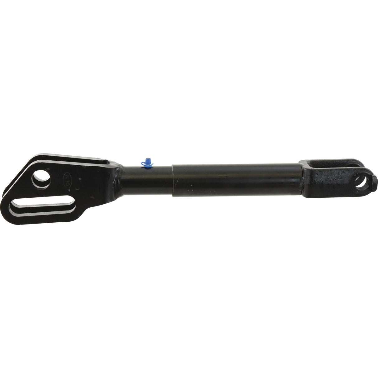 A black, cylindrical metal component named the Levelling Box Assembly - Fork Hole Ø 22mm- Fork Hole Ø 27 & 27x97mm - Min. Length:457mm - M27x3 Metric | Sparex Part No.S.68194 from the brand Sparex, featuring End Fittings on two different mounting ends, designed for mechanical or automotive applications, lying horizontally on a white background.