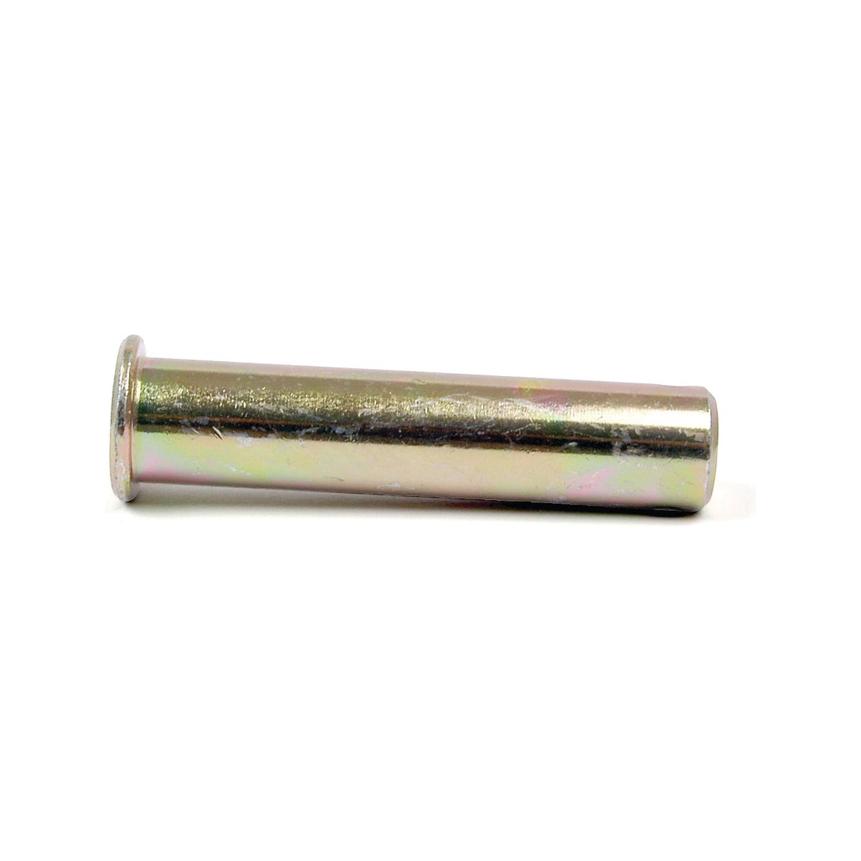 The Levelling Box Clevis Pin (Sparex Part No. S.4283) by Sparex, featuring a 3/4'' diameter and finished in Zinc & Gold Passivate, lies horizontally against a white background, showcasing its metallic cylindrical rod and flanged end.