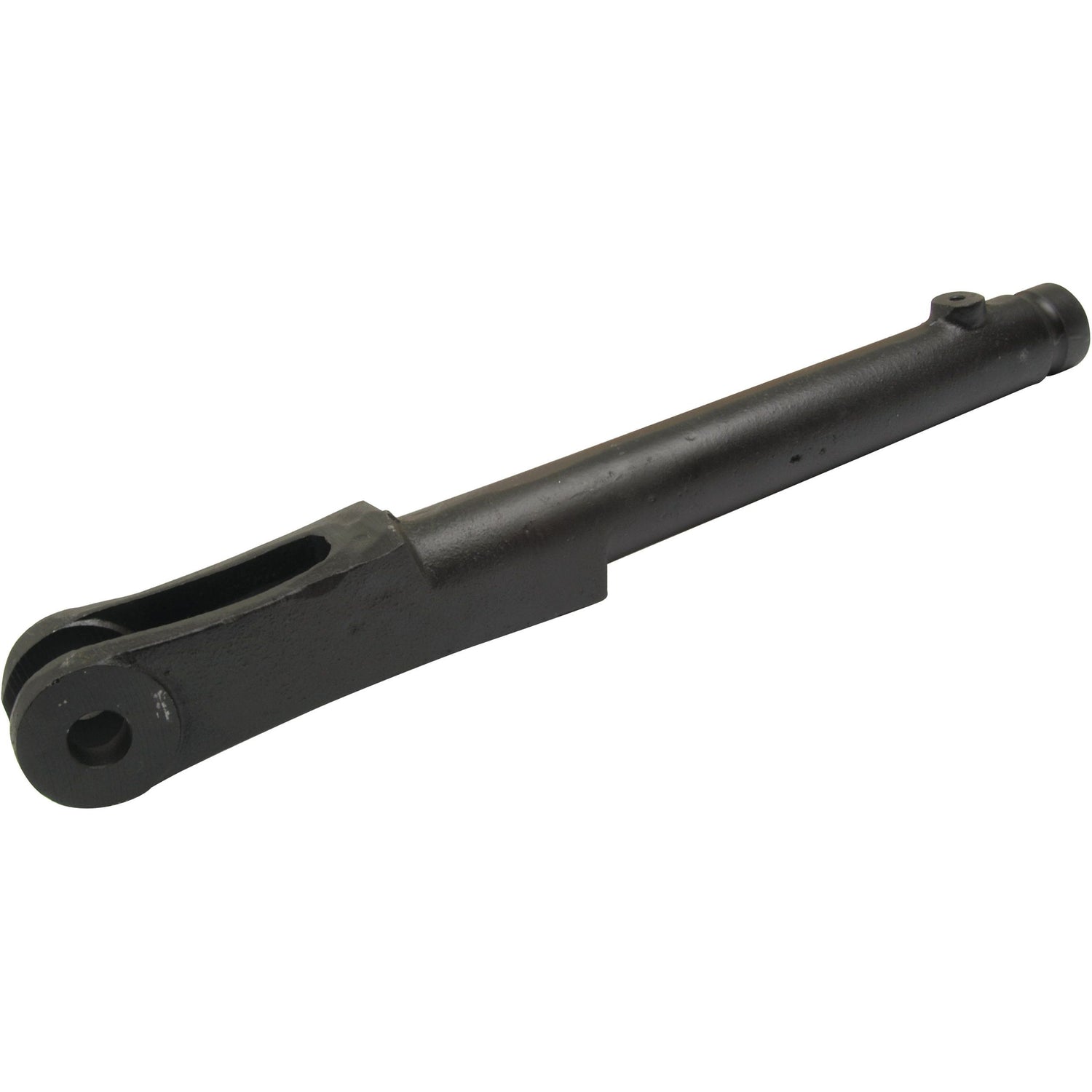 The Levelling Box Fork - 3/4 UNC (Sparex Part No. S.392) by Sparex is a black steel pitman arm with a Fork Hole Ø at one end and a tapered end at the other, commonly used in steering mechanisms for automotive applications like Massey Ferguson and Ford New Holland.