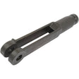 The Levelling Box Fork (3/4 UNC), known for its black metal construction, features a cylindrical body with a middle slot and two circular holes at one end. It's compatible with thread sizes typically used in Massey Ferguson machinery. This product is available under Sparex Part No. S.40937 from the brand Sparex.