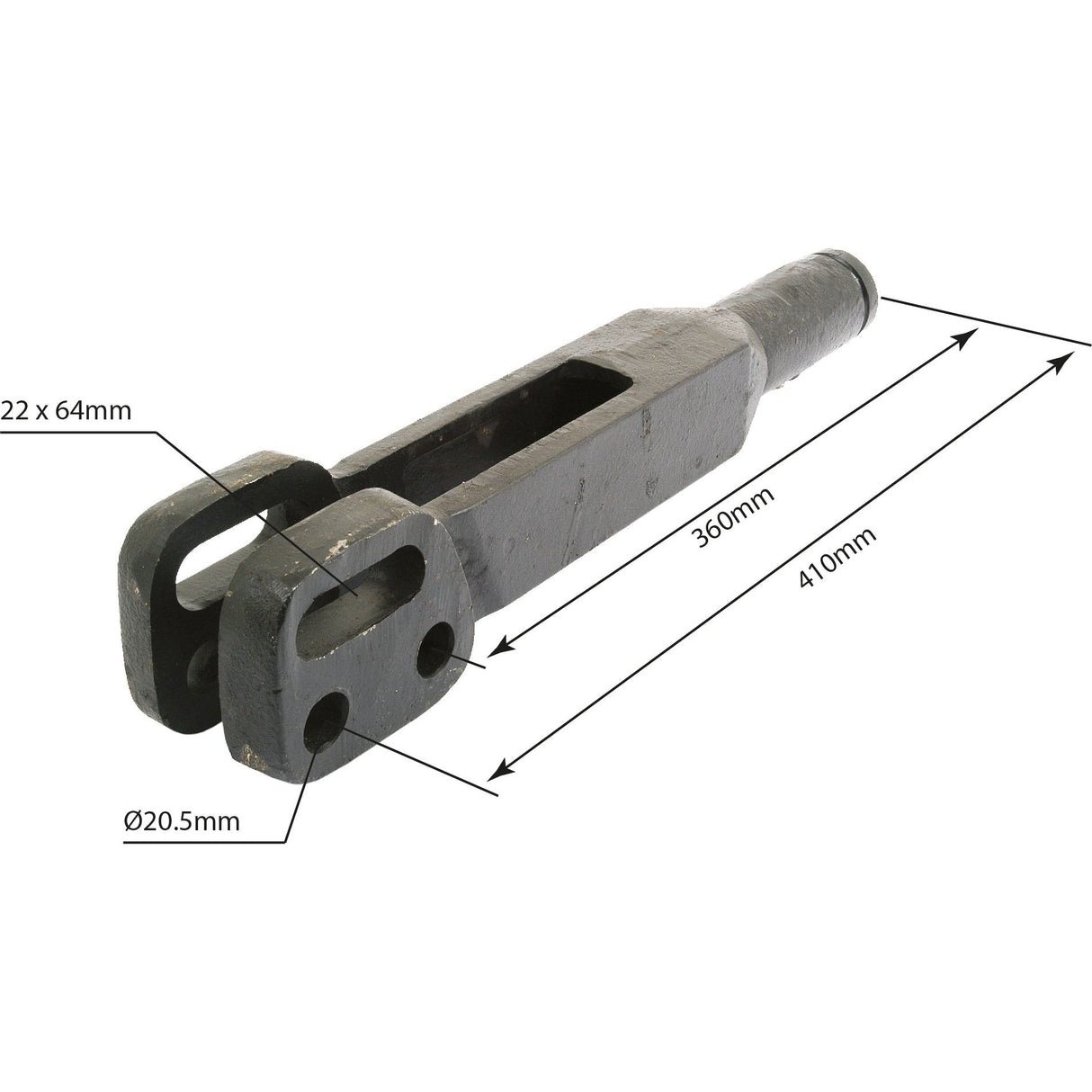 Introducing the Levelling Box Fork - 1 UNS (Sparex Part No.S.42053) in black, featuring precise measurements: 440 mm length, 360 mm to the fork end, 22 x 64 mm fork slots, and a Ø20.5 mm fork hole diameter. Perfectly suited for use with Massey Ferguson machinery, brought to you by Sparex.