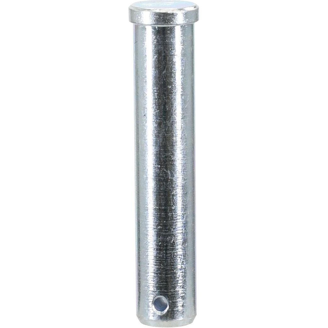 A cylindrical metal pin with a smooth, shiny surface and a small hole near one end, suitable for use in Ford / New Holland machinery: Lower link pin 22x97mm Cat. | Sparex Part No.S.67496 by Sparex.