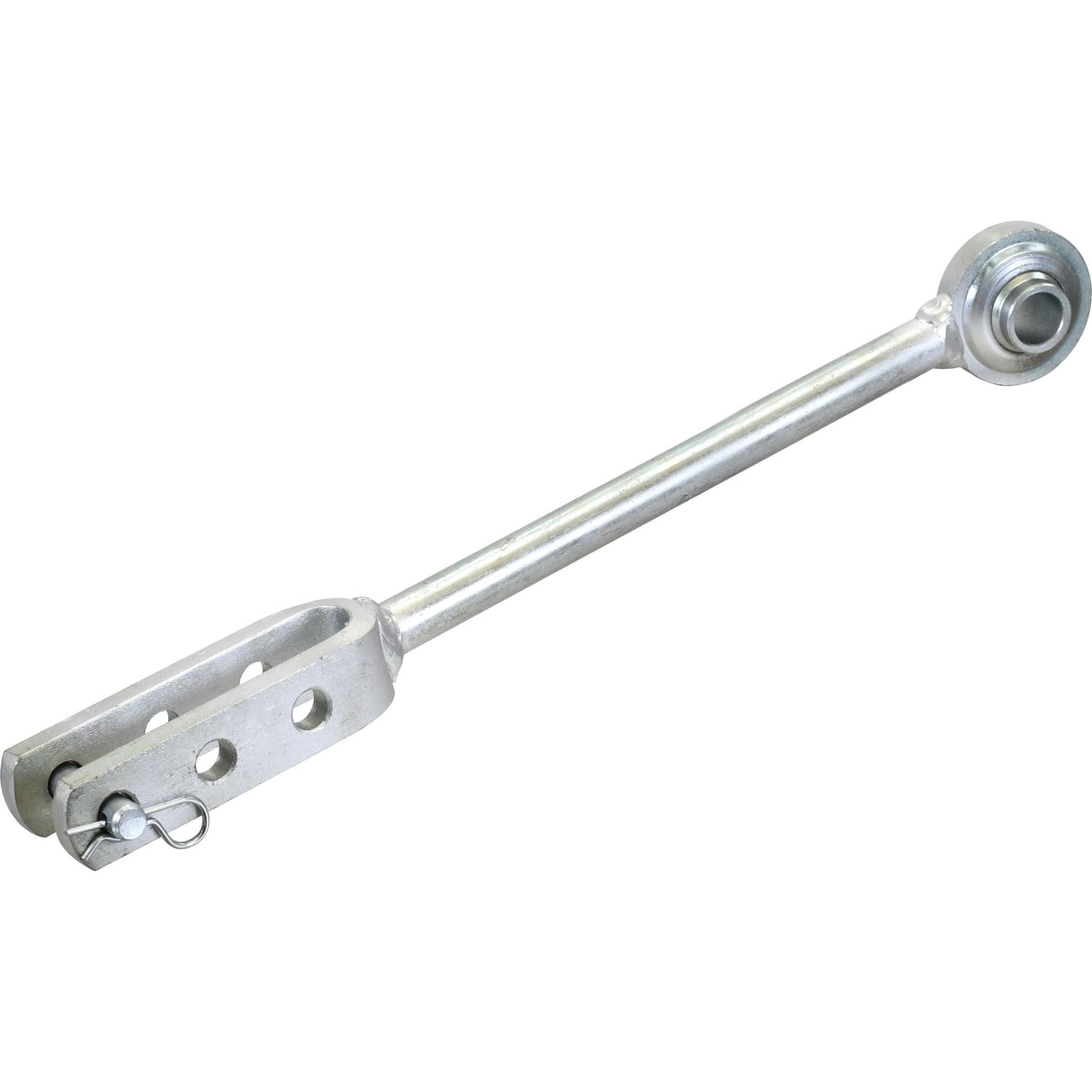 A levelling box assembly from Sparex, featuring one end with a ball Ø19mm and the other end with a threaded rod that includes adjustment holes, a fork hole Ø14mm, and a securing pin. This assembly has a minimum length of 325mm and is identified as Sparex Part No. S.70514.