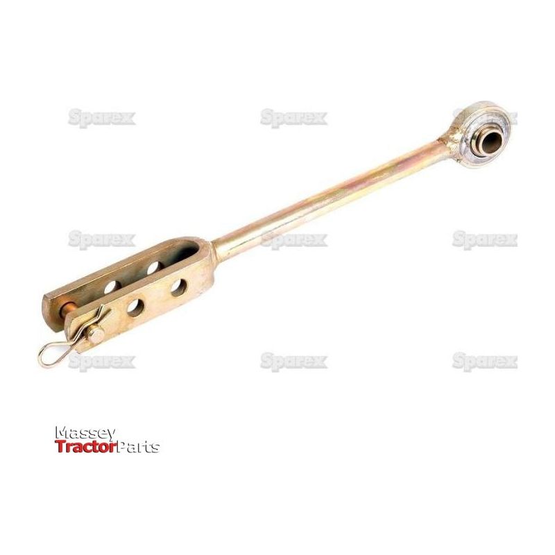 Image of a Levelling Box Assembly with the Sparex logo. The assembly, featuring a meticulously crafted fork hole Ø14mm and compatible with Sparex parts, comprises a metal rod with a slotted end and a ball joint Ø19mm at the opposite end. Sparex Part No.S.70514, Min. Length: 325mm.
