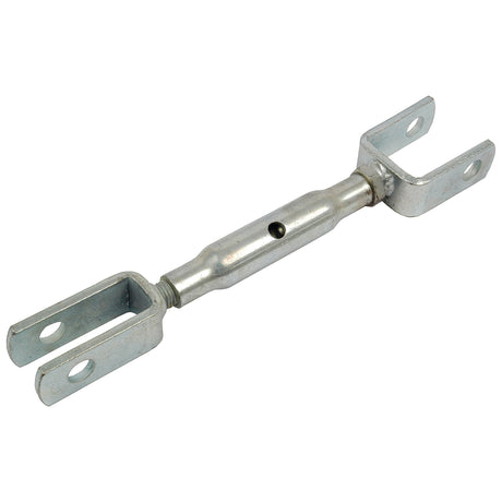 A Sparex Levelling Box Assembly (Part No. S.70638) consists of a metal turnbuckle featuring a central adjusting body and two forked end fittings, each with 15mm diameter bolt holes for attachment.