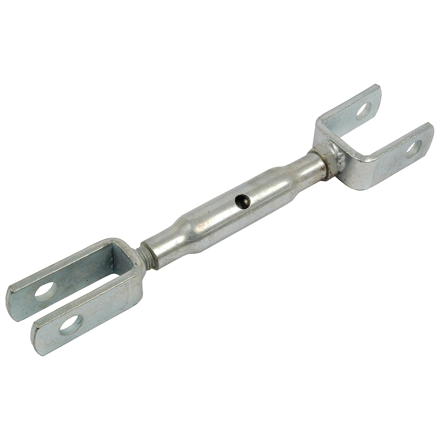 The Sparex Levelling Box Assembly, featuring fork holes with a 15mm diameter and accommodating M16x2 metric threads, has a minimum length of 265mm and includes clevis ends with threaded bolts for tension adjustment and dual holes on each clevis for pin attachment.