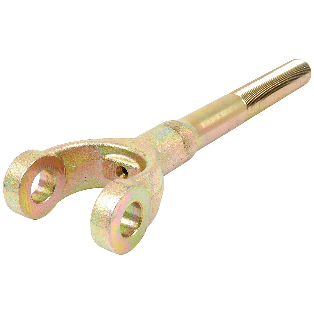 Close-up of the Levelling Box Yoke - 1 UNS (Sparex Part No. S.16021) by Sparex, featuring a U-shaped clevis on one end and a threaded rod with a specified thread length on the other end, used in mechanical applications for connecting or securing components.
