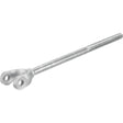 The Levelling Box Yoke - 7/8 UNC (Sparex Part No. S.17400) from Sparex is a steel turnbuckle with an open fork end and threaded rod extension, featuring a specified fork hole diameter, commonly used in rigging and tensioning applications.