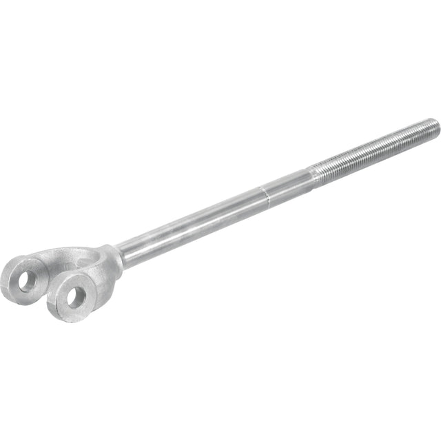 The Levelling Box Yoke - 7/8 UNC (Sparex Part No. S.17400) from Sparex is a steel turnbuckle with an open fork end and threaded rod extension, featuring a specified fork hole diameter, commonly used in rigging and tensioning applications.