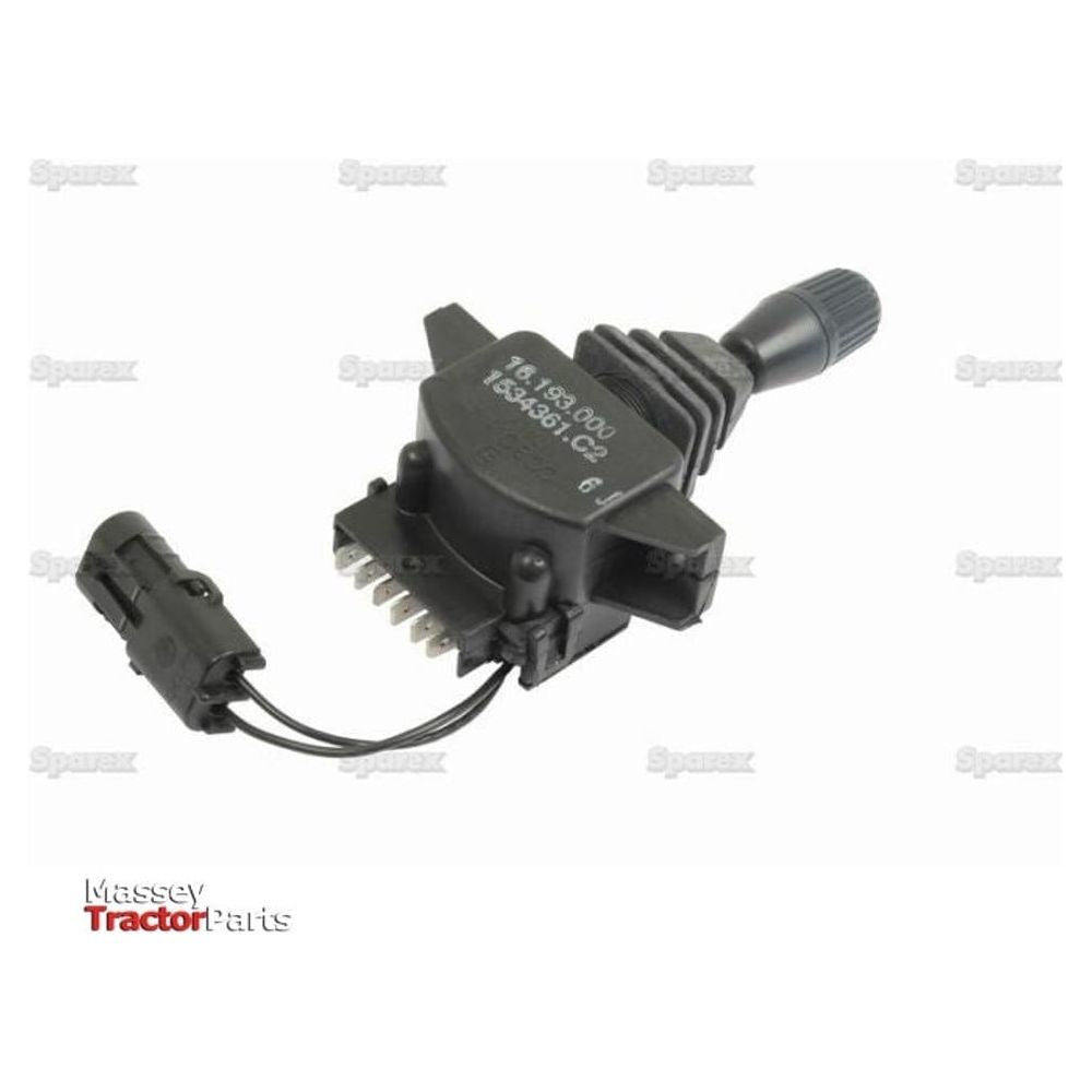 Black electronic lift control switch with multiple prongs and attached cables, labeled "1R128.000 1835902C2." Logos for Sparex, Massey Tractor Parts, and Case IH are visible in the image.
