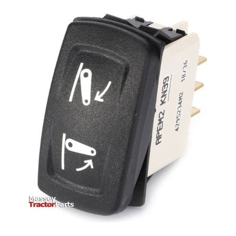 A Massey Ferguson - Lift Switch (4295234M2) by AGCO, featuring a black rocker design with white icons indicating the positions for operating a tractor's implement. The switch is compatible with the 5400 Series, labeled with model numbers, and has metal prongs at the back.