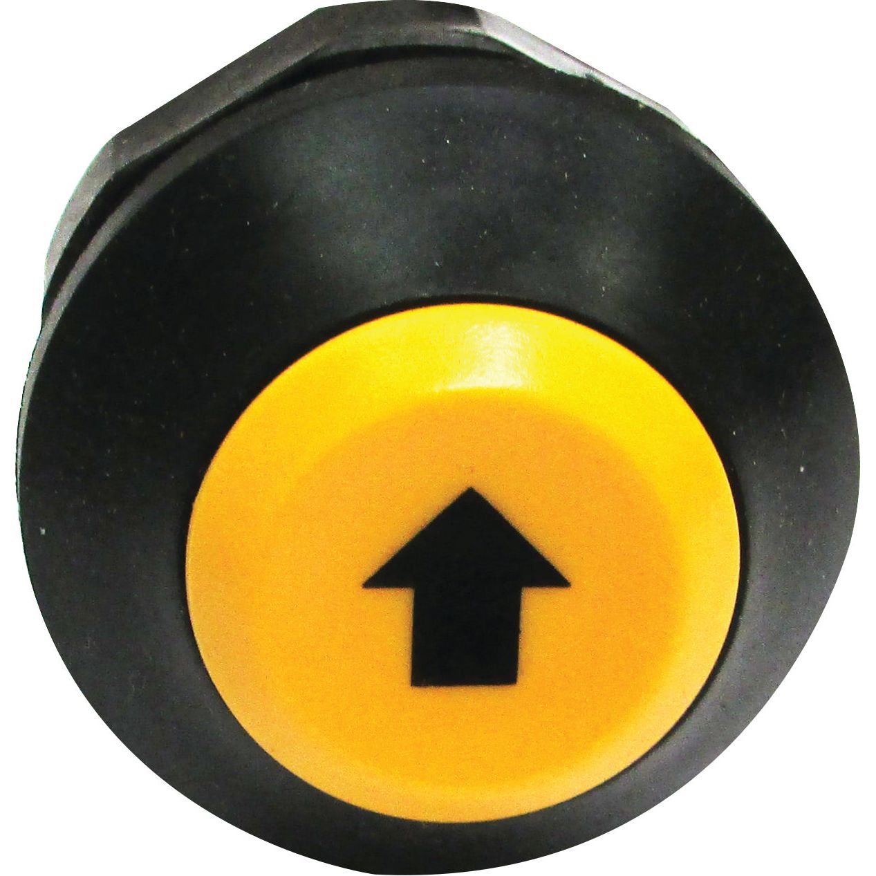 A circular black button with a yellow center featuring a black upward-pointing arrow, resembling the Lift and Lower Switch by Sparex (Part No. S.52843), used in Massey Ferguson tractors.