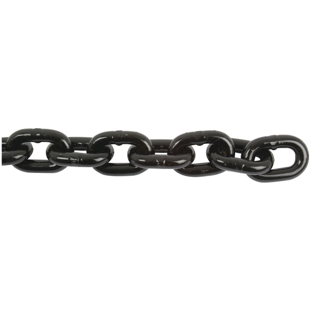 A close-up of Sparex's Lifting Chain (13mm x 39mm, 20m Length), showcasing its black metal oval links against a white background, highlights its Grade 80 quality for enhanced durability and safety.
