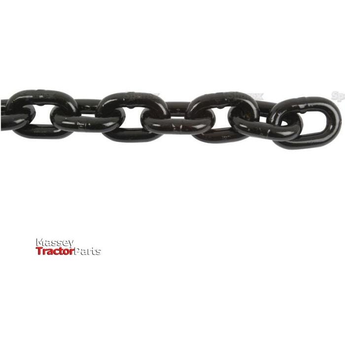 Close-up of a black metal chain link with "Sparex" text in the bottom left corner, showcasing the Grade 80 quality and safe working load certification of the Lifting Chain 13mm x 39mm, available in a length of 20m - S.21550.