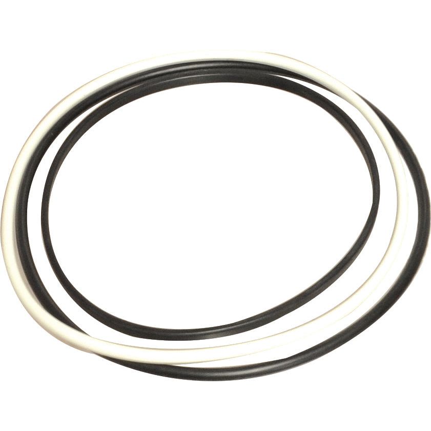 A photo of three coiled rubber o-rings, predominantly black with one white ring, placed in a circular arrangement against a plain white background. These could be essential liner seals for tractors, specifically the Liner Seal | Sparex Part No.S.72172 from the brand Sparex.