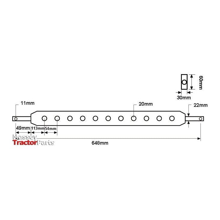 Technical drawing of a Sparex Flat Drawbar (Cat. 1), part number S.5009, featuring 7 holes and specific dimensions including a length of 648 mm, hole diameters, spacings, and distances from edges and between holes.