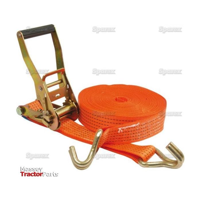 Orange Load Binder (Quality Range) with J Hook, metal hooks, and a handle, coiled neatly with a label reading "Sparex (S.14883), Massey Tractor Parts.