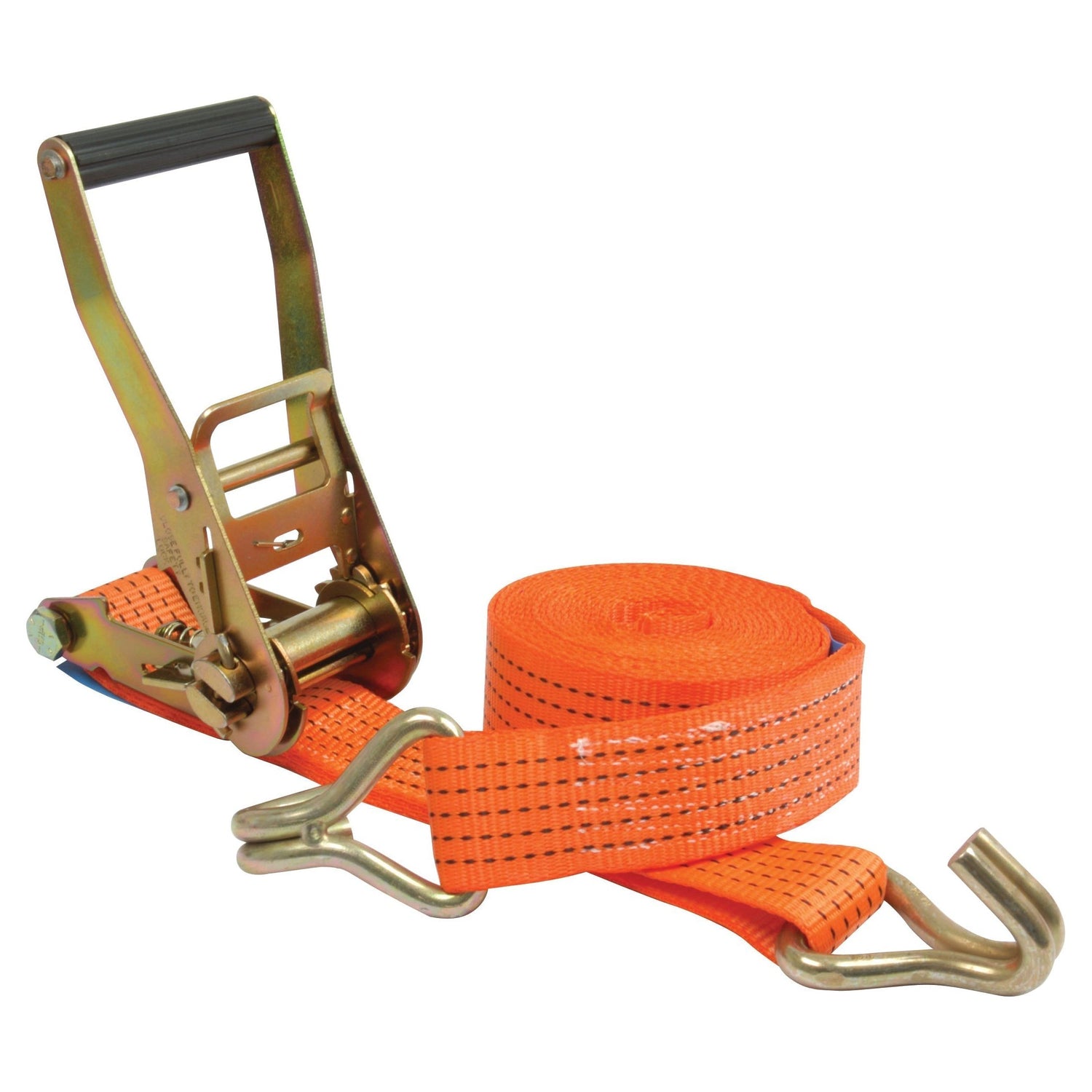 The Sparex Load Binder (Quality Range), S.14881, is a 5-meter orange ratchet strap featuring sturdy metal J hooks and a reliable ratchet mechanism, designed for securing cargo with high load capacity. The strap is neatly coiled beside the ratchet.