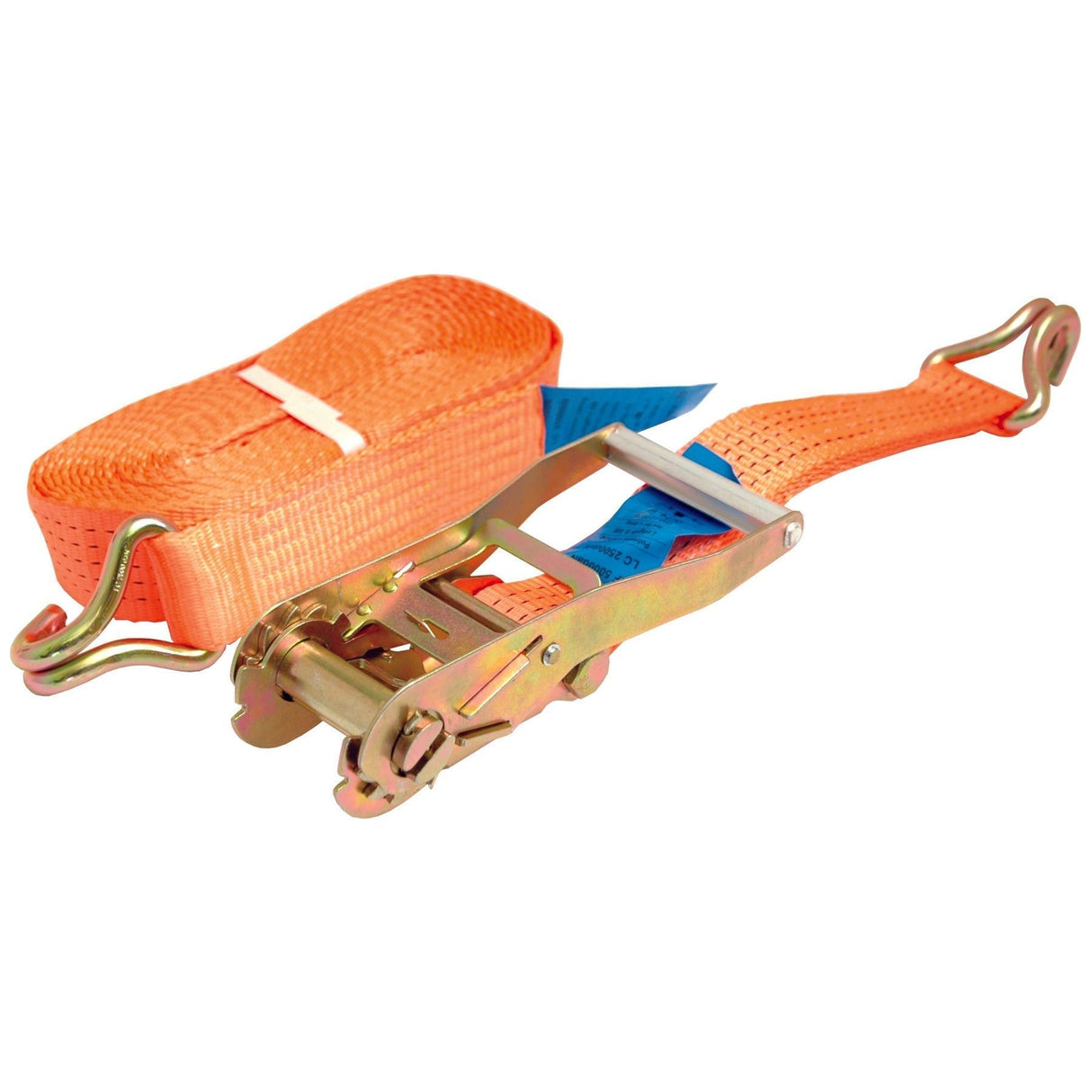 The Sparex Load Binder - Standard Range (Product S.22578) is a 10-meter long, orange ratchet strap with polyester webbing, metal J hooks, and a sturdy ratchet mechanism designed for securing loads.