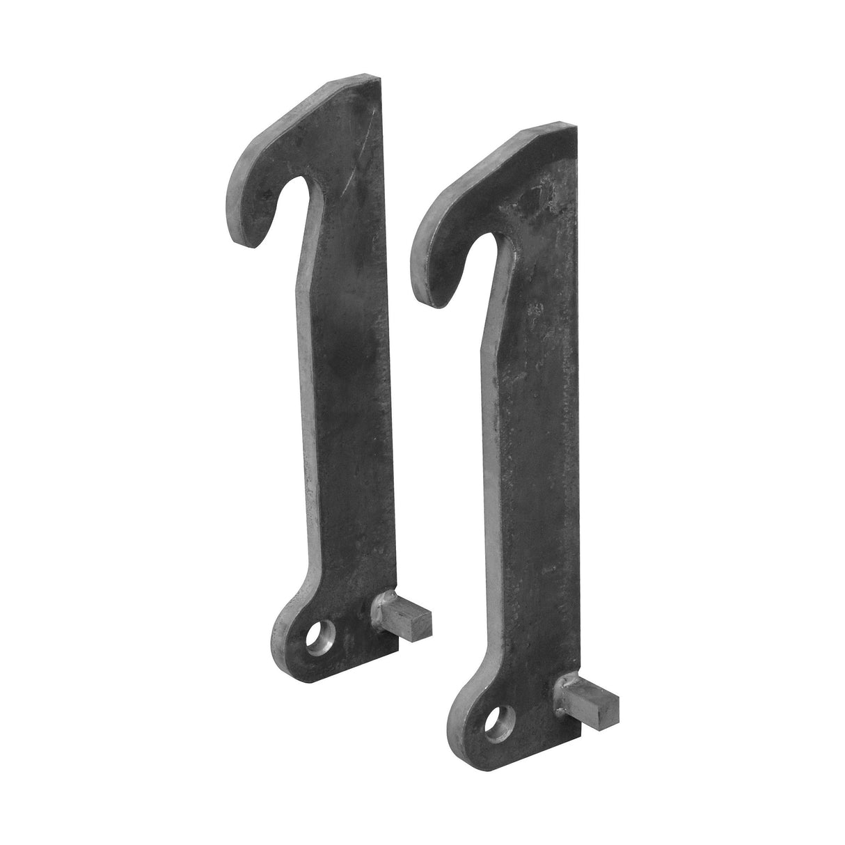 A pair of black metal Loader Brackets with curved hooks and circular holes at the bottom, designed for RH & LH sides and compatible with the JCB Tool Carrier. Replacement part number: S.119883 from Sparex.