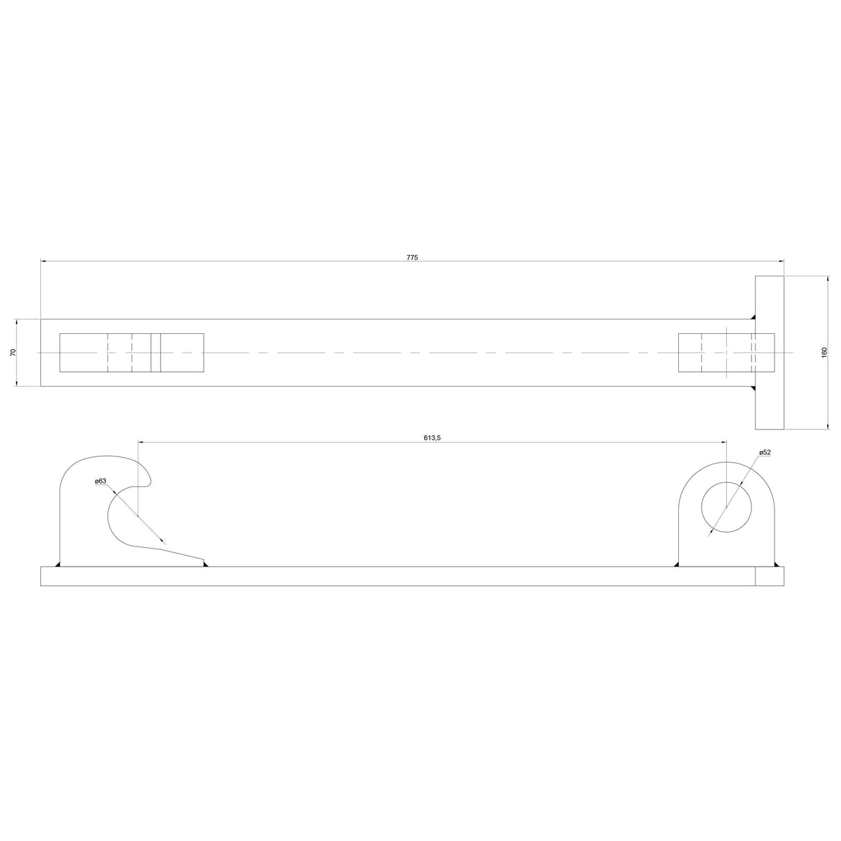 Technical drawing of the Loader Bracket (Pair), with dimensions indicating length, width, and height, with measurements marked along the product. Includes details for RH & LH fitting to ensure an exact match. The replacement Loader Bracket is compatible with Volvo BM and JCB models - S.72553 from Sparex.