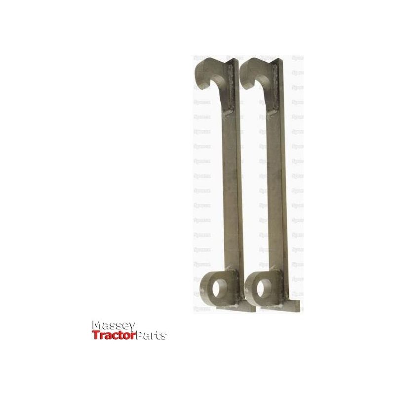 A pair of sturdy loader brackets, compatible with Volvo BM and JCB models (S.72553), are displayed in a vertical alignment with circular ends. The text "Massey Tractor Parts" is visible in the bottom left corner. These right-hand and left-hand fitting hooks, sourced from the reputable Sparex brand, promise quality and durability.