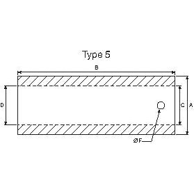 Technical drawing labeled "Type 5" depicting a rectangular shape with dimensions A, B, and D. A circular hole designated for a Loader Tine Bush - Ø45 x 120mm (Ø25) by Sparex (Sparex Part No. S.23566, to fit as CC53634) is indicated near the right side of the rectangle.