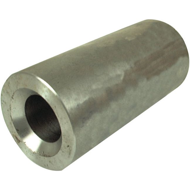 A cylindrical metal spacer with a hollow center, a slightly reflective surface, and grooves to stop the tine from turning on one end, reminiscent of the Loader Tine Bush - Ø50 x 110mm (Conus 1) by Sparex.
