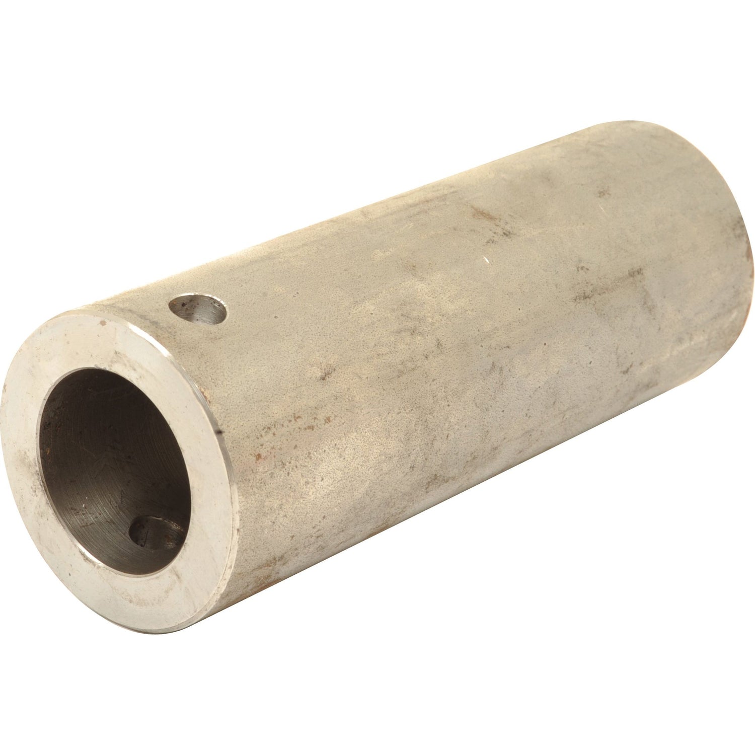 The Loader Tine Bush - Ø60 x 160mm (Ø45/38), Sparex Part No. S.23573, is displayed against a white background and features a cylindrical metal tube design with a hole on one end and a smaller hole on the side. This product is part of the Sparex collection.