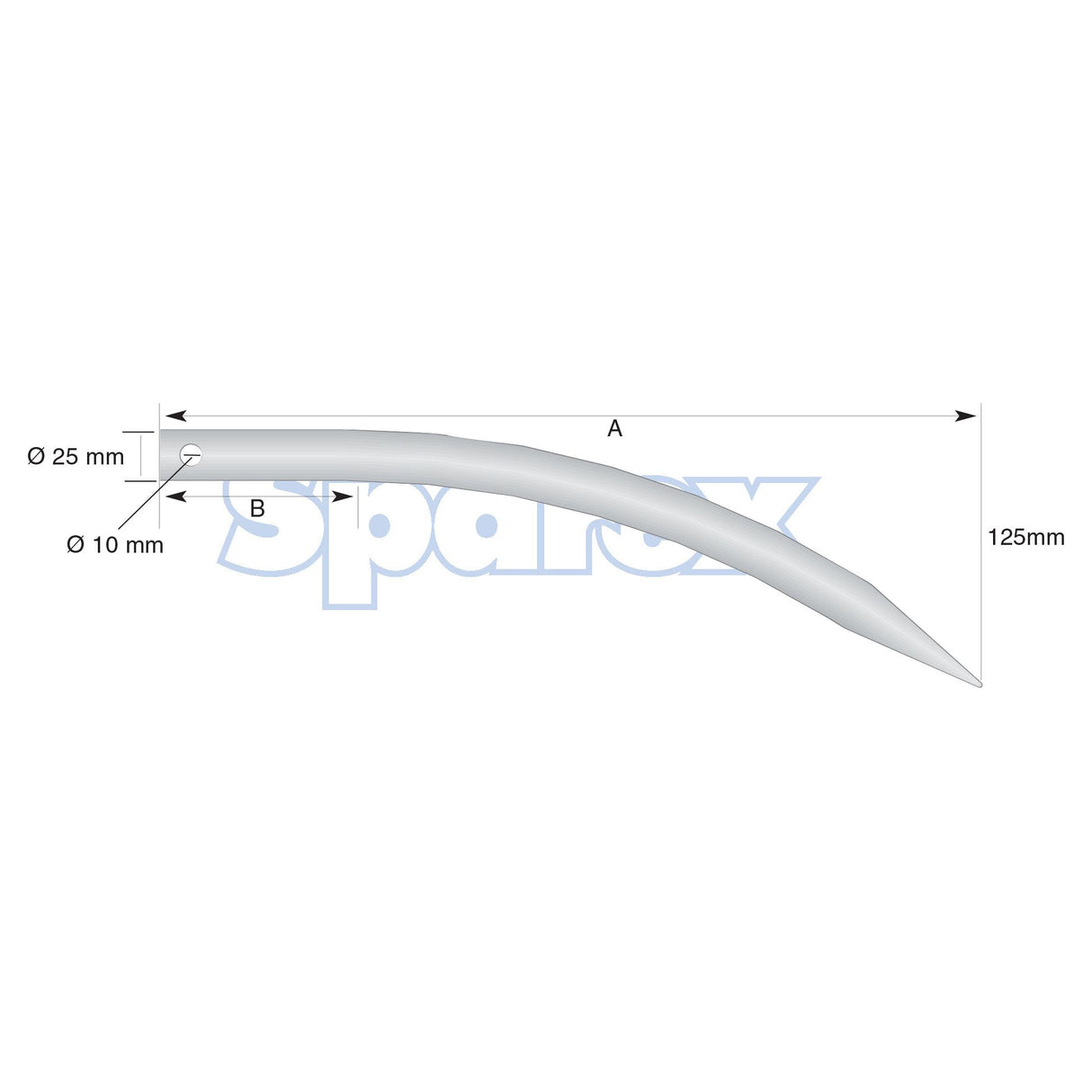 Diagram of a curved Loader Tine component with labeled dimensions: 125mm height, diameter 25mm at one end tapering to 10mm, and length (A) with an additional length (B) marked. Product Name: Loader Tine - Curved 400mm, (Round). To fit as: 25440 - S.79229 by Sparex.