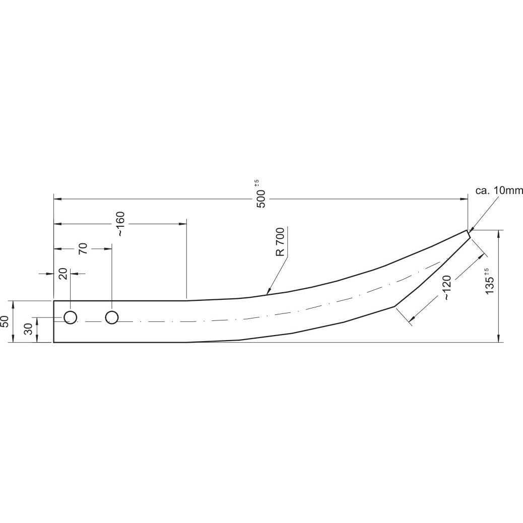 Technical drawing of the Loader Tine - Curved 500mm, (Flat) - S.21532 from Sparex with dimensions labeled in millimeters. Measurements and angles are indicated, including lengths of 500 mm, 120 mm, 70 mm, and a radius of 700 mm. Maximum tine diameter (Ø) is noted as Ø50mm for specific fittings.