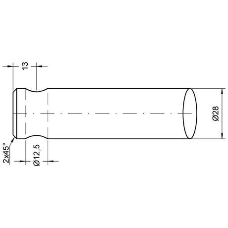 Technical drawing of the Sparex Loader Tine - Curved 560mm, (Round) - S.22814 cylindrical object with flanges. Dimensions indicated: 13 mm height, 28 mm diameter, maximum tine Ø28mm, 2x 45° chamfer, and the narrow section diameter is 12.5 mm.