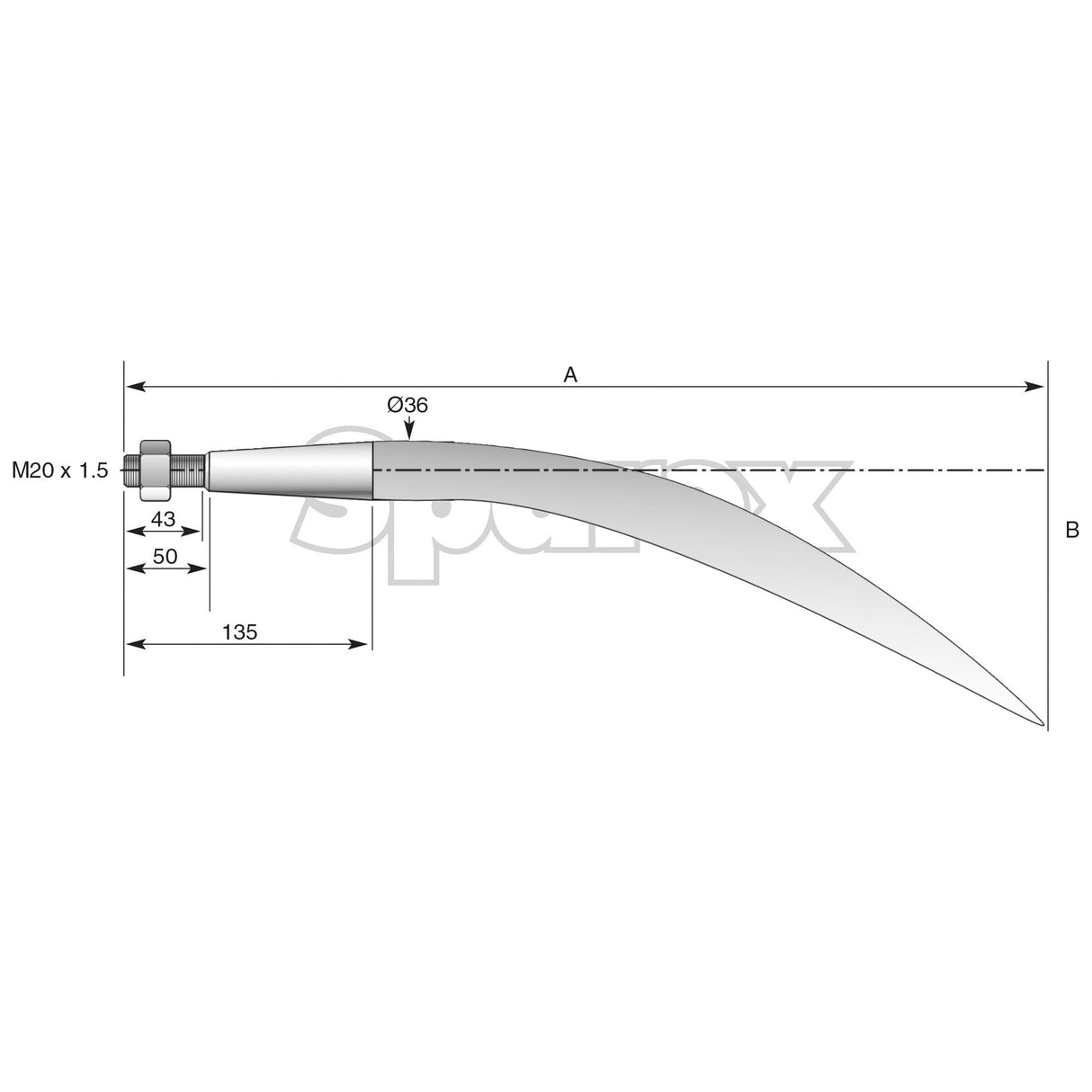 Technical drawing of the Loader Tine - Curved 810mm from Sparex with labeled dimensions: M20 x 1.50 (Square), Ø36, 50, 43, and 135 units. The tine extends from point A to B and features a maximum curvature for enhanced functionality, designed to fit as KK221192 - S.77011.