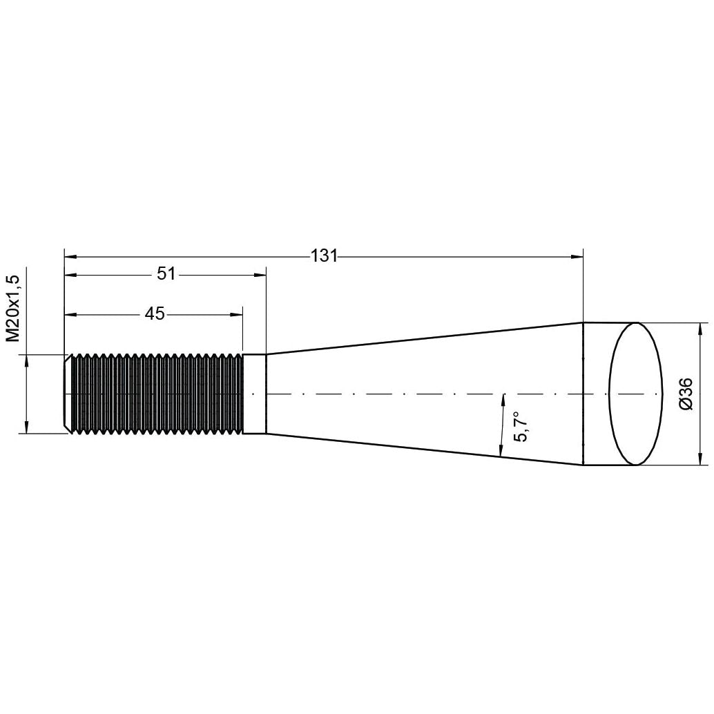 Technical drawing of a Loader Tine - Curved 810mm with dimensions, including a length of 131 mm and a diameter of 36 mm. The thread details are M20 x 1.50 (Square), and it fits as KK221192 - S.77011 by Sparex. Additionally, the taper angle is specified at 5.7°, with lengths labeled accordingly and Conus 1 specifications included.