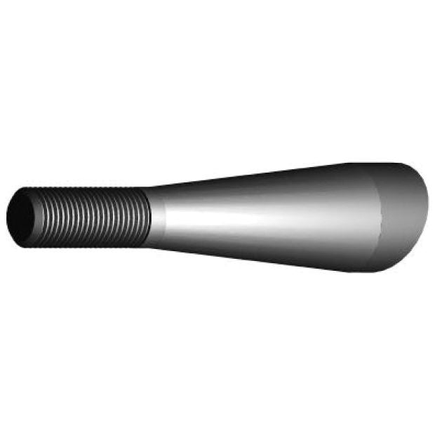 A 3D-rendered image of the Sparex Loader Tine - Curved 810mm with a male threaded part, thread size M20 x 1.50 (Square), featuring a cylindrical base that tapers into a wider conical shape, similar to Conus 1 (Product code: KK221192 - S.77011).