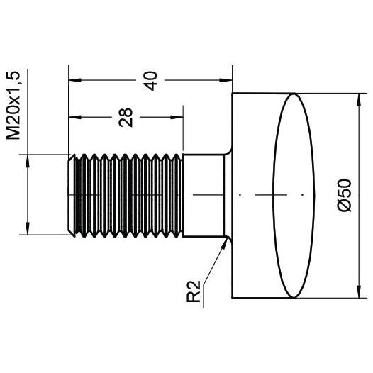 Technical diagram of the Loader Tine - Straight 1250mm by Sparex detailed with measurements: M20x1.5 thread, 40mm length, 50mm diameter head, 28mm threaded length, and a rounded edge radius of 2mm. Includes specifications for stop nut compatibility (S.77048).
