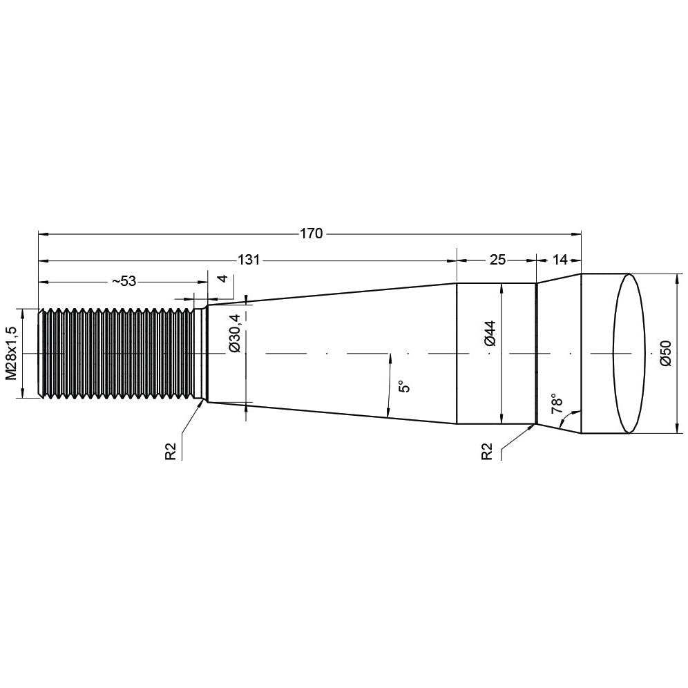 Technical diagram illustrating the dimensions of Sparex's Loader Tine - Straight 815mm (S.22892) with M28x1.50 threading, showcasing its cylindrical form and conical sections engineered for optimal torque. Critical measurements include an overall length of 170 mm, M28x1.5 threading, along with various specified diameters and angles.