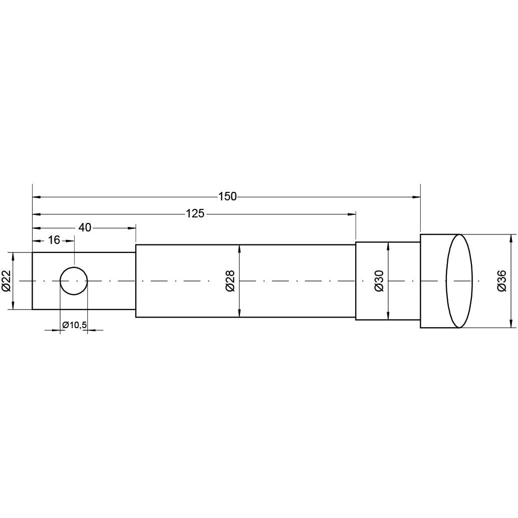 The technical drawing depicts the **Loader Tine - Straight 830mm (Star) - S.21510** by **Sparex** as a cylindrical object with various measurements in millimeters, including diameters of 10.5, 22, 28, and 30 mm with a maximum tine diameter of 36 mm, along with lengths of 16, 40, 125, and 150 mm.