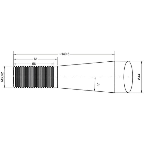 Technical drawing of a Sparex Loader Tine - Straight 830mm (S.79763) with dimensions noted, including a total length of approximately 140.5mm, diameter of 44mm, and thread size M30 x 2.00 (Square). Featuring SHW's Special Conus profile for enhanced performance.