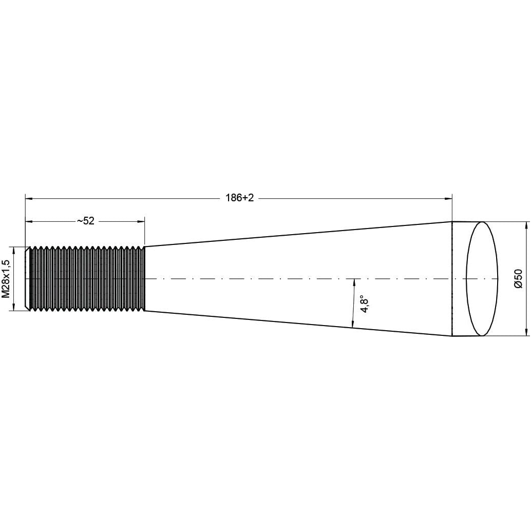 Technical diagram of the Sparex Loader Tine - Straight 880mm. Overall length 186 mm, threaded section 52 mm with M28x1.5 thread, diameter of cylinder transitions from 50 mm to wider end for maximum torque.