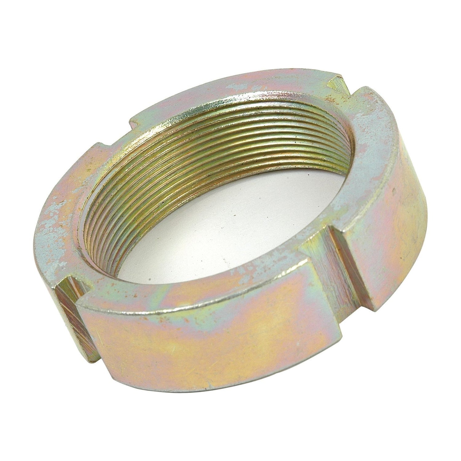 The Sparex Lock Nut (Sparex Part No. S.42024) for a pinion shaft features a metal hex nut with internal threading, a yellowish surface coating, and three notches on the outer edge. It is suitable for Massey Ferguson machinery.