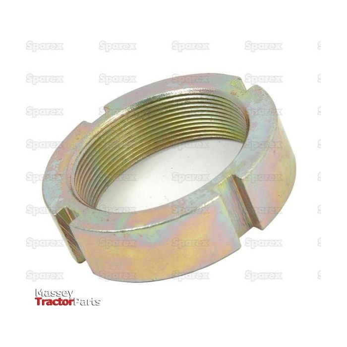 A metallic hex lock nut with internal threading, set against a white background, boasts a shiny finish. Text in the background reads "Sparex" and "Massey Ferguson Tractor Parts." This product is named Lock Nut and has the Sparex part number S.42024.