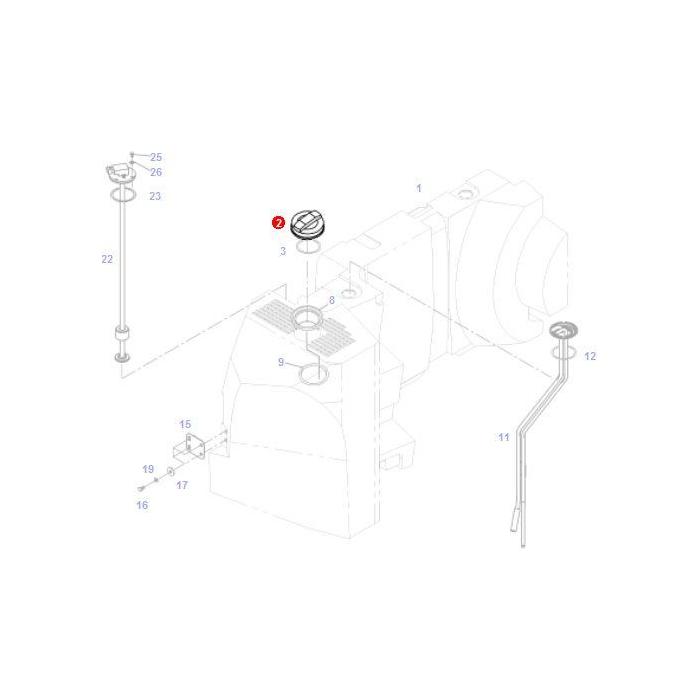 Exploded technical diagram illustrating various components of a mechanical device, with the part labeled "3" highlighted in red, exemplifying the detailed engineering found in AGCO's Fendt models, such as the Lockable Fuel Tank Cap (F411201060080).