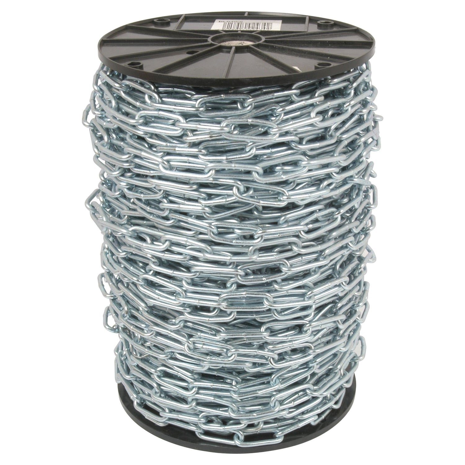 A large spool of the Sparex Long Link Chain 4 x 40 x 15mm x 80M (S.55519) coiled tightly around a black plastic reel.