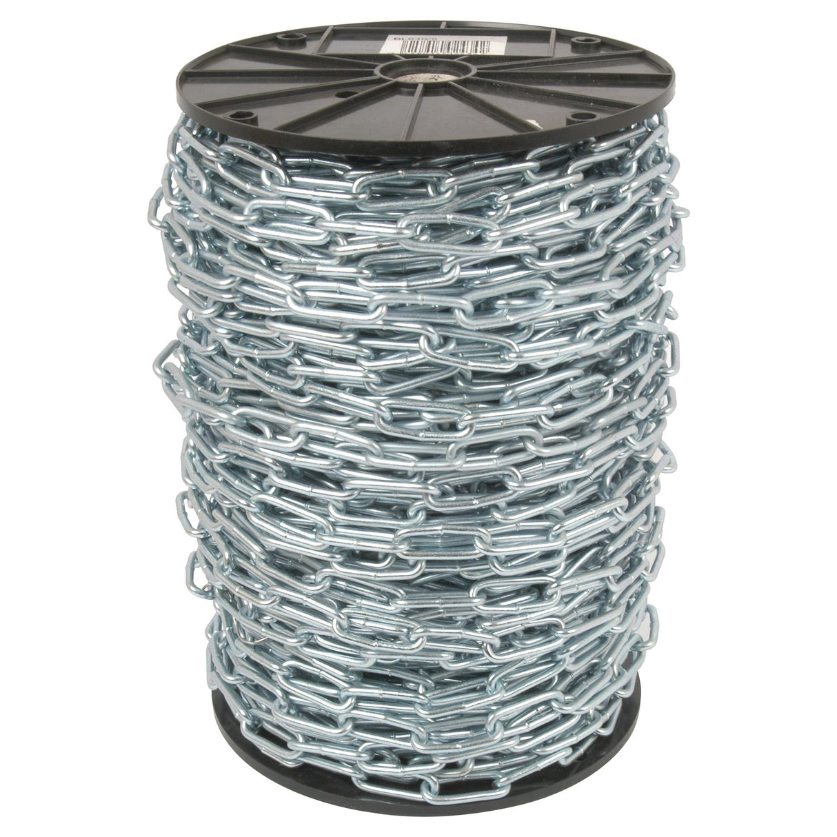 A large spool of the Sparex Long Link Chain 4 x 40 x 15mm x 80M (S.55519) coiled tightly around a black plastic reel.