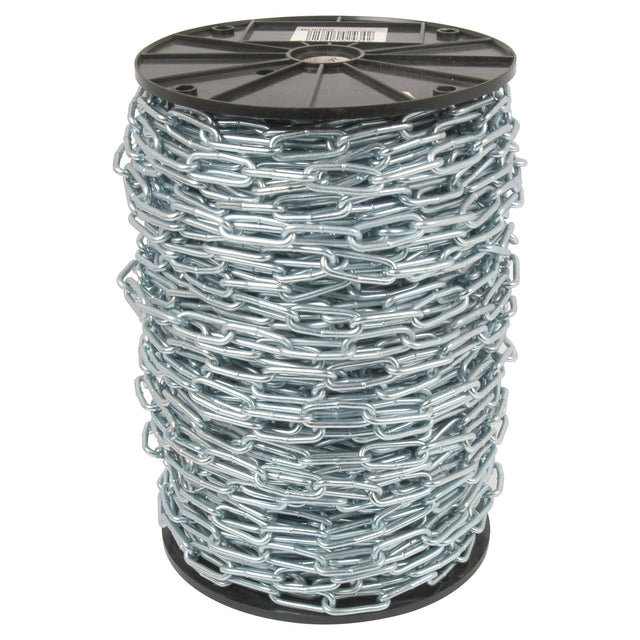 A large spool of Long Link Chain 4 x 40 x 15mm x 80M - S.55519 by Sparex, made of zinc-plated metal and wound tightly around a black cylindrical reel, featuring a Sparex barcode label on the top.